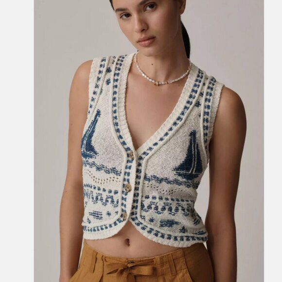 Anthropologie Sweaters - Anthropologie Pilcro V-Neck Sailboat Motif Cardigan Sweater Vest Nautical M NWT